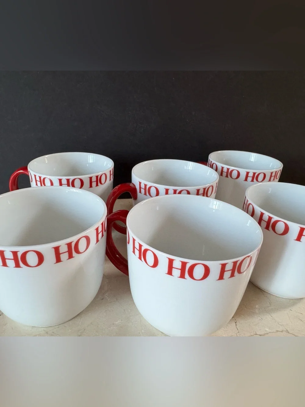 (Set/6) Crate & Barrel Ceramic HO HO HO White Holiday Mugs w/Red Handles